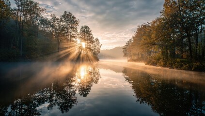 Obraz premium Sunrise over a misty river (1)