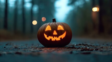 Glowing carved pumpkin on forest path at night, ideal for Halloween activities or outdoor decor content.