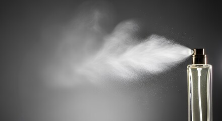 Dynamic spray of a luxury fragrance from an elegant glass bottle, creating a fine mist of scent particles on a dark background