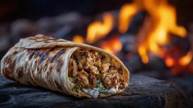 Savor a perfectly seared golden-brown shawarma wrap, brimming with juicy fillings against a backdrop of glowing embers.