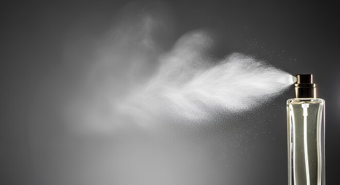 Dynamic spray of a luxury fragrance from an elegant glass bottle, creating a fine mist of scent particles on a dark background