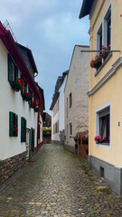 Rheingau wine region, Hesse. Wine tourism. A walk through the narrow old streets of Rudesheim am Rhein, Germany, August 20, 2024.