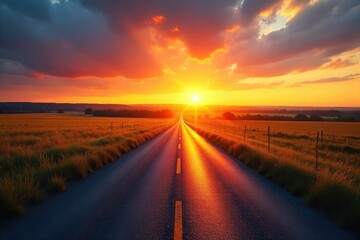Golden rays illuminate a tranquil countryside road at sunrise, stretching towards a vibrant, colorful sky Perfect for travel, nature, and inspirational projects , destination, travel