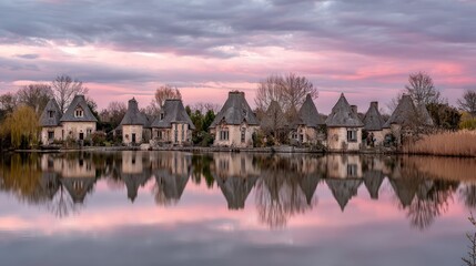 Fototapeta premium Row of quaint cottages reflected in a tranquil pond at dawn