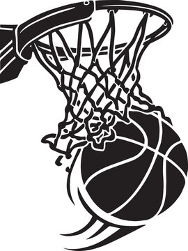 Black and White Illustration of a Basketball Going Through a Net hoop sport