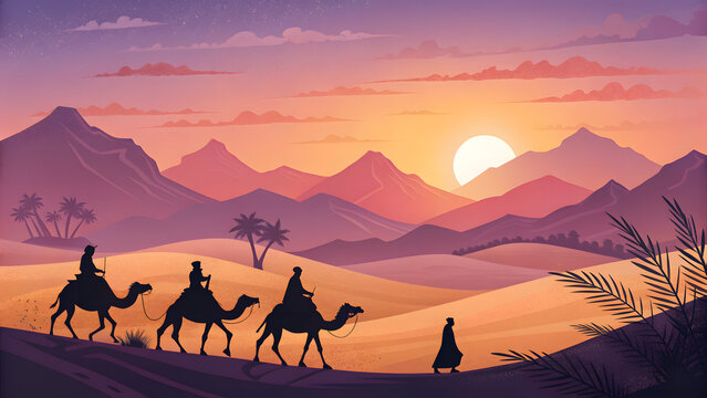 Desert caravan sunset journey silhouette of three wise men and camels traveling across sandy dunes