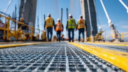 Construction workers on a bridge walkway