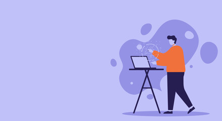 Man interacting with a laptop, managing data and technology in a modern digital workspace. Concept for business, innovation, software development, and digital solutions.