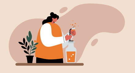 Woman mixing natural ingredients in a bottle with a stirrer, creating a homemade skincare product or herbal remedy. Concept of wellness, organic beauty, or botanical science.