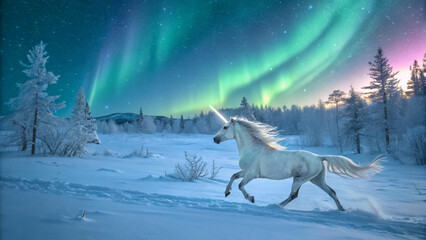 Fototapeta premium Unicorn aurora borealis winter snow landscape fantasy magical horse fairytale wonderland mystical creature scene