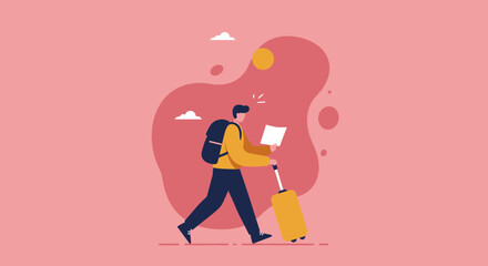 Traveler with backpack and suitcase checks details on a document, symbolizing exploration, adventure, or a business journey.