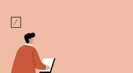 Flat design illustration of a person working diligently on a laptop against a clean peach background. Ideal for modern business, productivity, or remote work concepts.