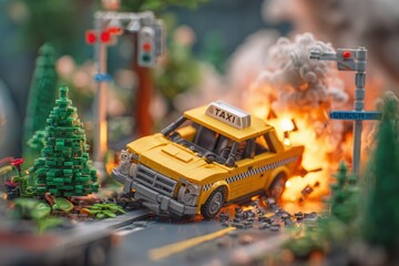 Naklejka premium Miniature diorama of a yellow taxi exploding in a small-scale city street scene