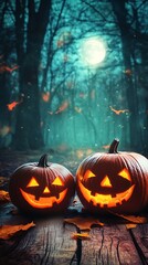 Naklejka premium Two spooky jack o lanterns glow on a wooden table in a dark forest under a full moon