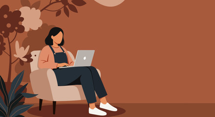 Young woman comfortably working on her laptop in an armchair at home, surrounded by plants. Perfect for remote work, freelancing, and modern digital lifestyle concepts.