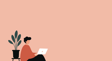 Young person works remotely on a laptop at home with a plant, embodying freelance, digital nomad, and modern lifestyle concepts. Perfect for business or education.
