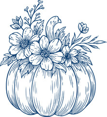 Handdrawn pumpkin with flowers vector black line sketch botanical illustration