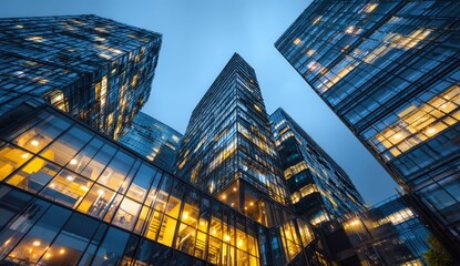 Low-angle view of modern skyscrapers at twilight
