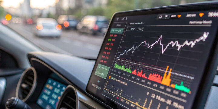Digital dashboard car interior traffic data analysis graph spike tariff collection technology finance urban
