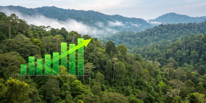 Green bar chart with upward arrow overlays lush tropical forest, symbolizing growth in sustainable finance, environmental progress, and positive esg trends for nature conservation