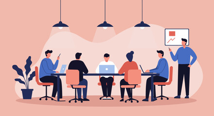 Business professionals collaborate in a modern office meeting, discussing projects and strategies. Ideal for teamwork, corporate innovation, and planning.