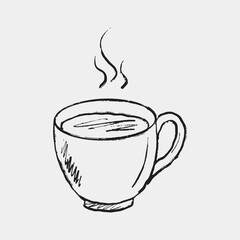 Hand-drawn sketch of a tea cup with steam rising, indicating a hot beverage. Vector sketch vintage style illustration, World tea day. Cafe design, restaurant menu, hot beverage, lunch time