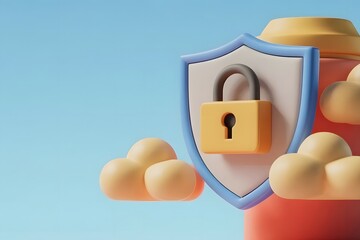 Digital security concept with a 3d rendered shield and padlock symbolizing data protection and privacy against a soft blue background with fluffy clouds