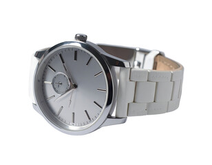 Sleek, silver-toned wristwatch with white band