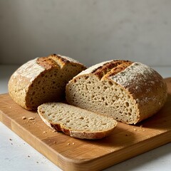 Rustic whole grain bread loaf and a sliced half on a wooden cutting board, simple kitchen setting with gentle light.
