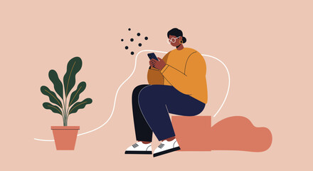 Relaxed person uses a smartphone for social media, communication, or browsing in a minimalist setting. Represents digital lifestyle, online connection, and modern technology use.