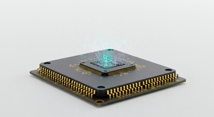 A conceptual illustration of an advanced central processor unit with glowing holographic data streams representing artificial intelligence