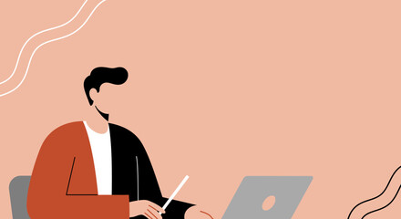 Professional illustration of a man working on a laptop with a stylus. Ideal for business, remote work, online education, or digital lifestyle concepts.
