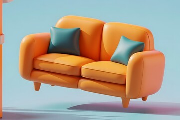 Vibrant orange two seater sofa with teal accent pillows floating against a soft pastel blue background evoking a playful and modern aesthetic for interior design concepts