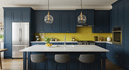 Generative AI Modern Blue Kitchen Interior Design Cabinets Yellow Backsplash Marble Countertop Island Lighting Appliances Sink Stools Home Residential Oven Refrigerator - Unique Design