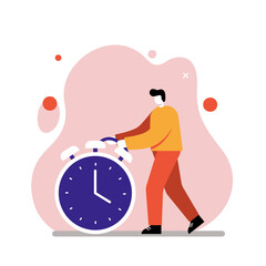 Businessman interacting with a large alarm clock, symbolizing effective time management, punctuality, and meeting business goals or personal commitments.