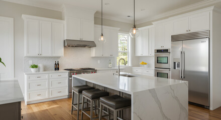 Generative AI Modern White Kitchen Interior Design Island Cabinets Appliances Stainless steel Countertop Stools Lighting Sink Faucet Oven Refrigerator Hardwood floor - Modern Look