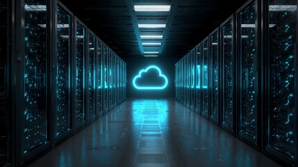 Data center cloud computing modern servers reflecting blue glowing cloud innovation and architecture for business.