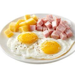 Fototapeta premium classic breakfast with eggs and diced ham on clean white plate 