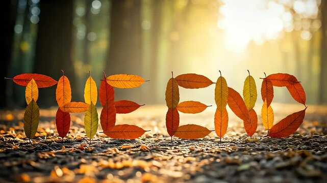 The iconic phrase "the end" is creatively formed by vibrant autumn leaves, dramatically captured with warm golden hour backlighting on a forest path.