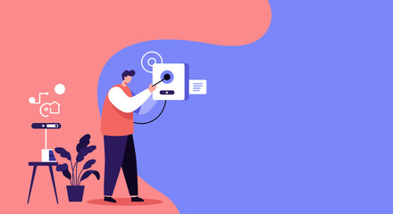 Man setting up smart home devices for automated living. Control, convenience, and modern technology for a connected house.