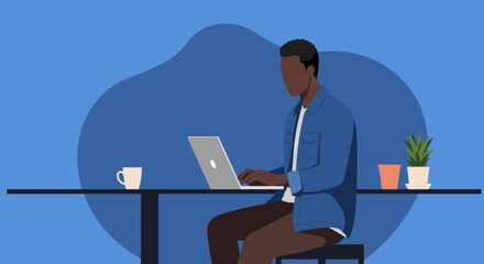 Focused man working on laptop at a modern desk with coffee and plants, embodying remote work, productivity, and a contemporary lifestyle.