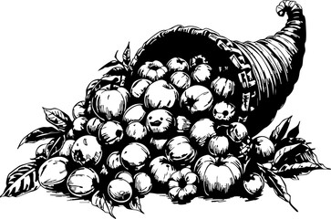 Harvest celebration featuring bountiful cornucopia autumn scene illustrative art rustic environment side view abundance