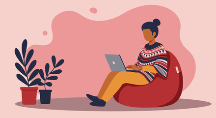 Person comfortably working remotely on a laptop in a cozy, modern home setting with potted plants. Represents freelance work, online education, or digital lifestyle.