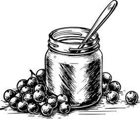 Delicious honey jar with grapes kitchen table food photography cozy home environment close-up view sweet indulgence