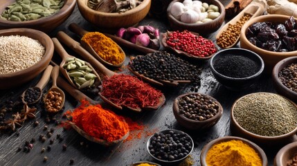 Assorted colorful spices displayed in rustic bowls overhead view for culinary cooking background