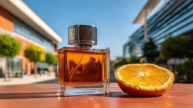 Amber glass perfume bottle with orange slice on terrazzo plate, ideal for beauty blogs or gift ideas.