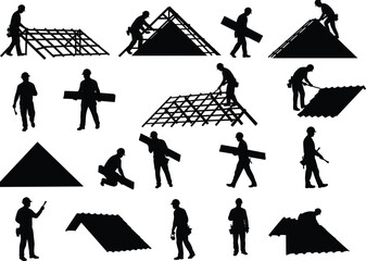 Silhouette illustration of construction workers building and installing roof structures with beams and panels, depicting teamwork, roofing process, and construction industry elements.