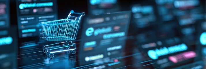 Digital shopping cart hologram on a blurred interface