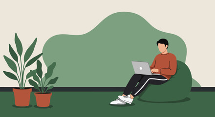Person comfortably working on a laptop from home, embodying modern remote work and digital lifestyle in a serene, plant-filled environment.