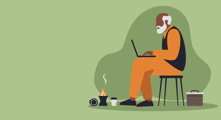Senior man working remotely on a laptop, enjoying a relaxed outdoor setting with coffee and a portable heat source. Highlights modern lifestyle, digital freedom, and remote work.